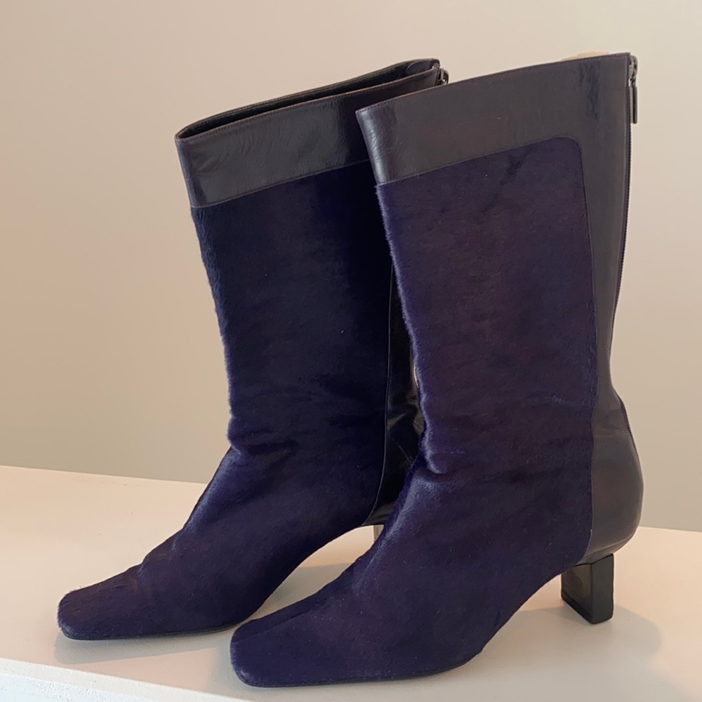Bruno Magli Purple Fur & Leather Zip-up Calf Heigh Boot Heels, Size 8.5
